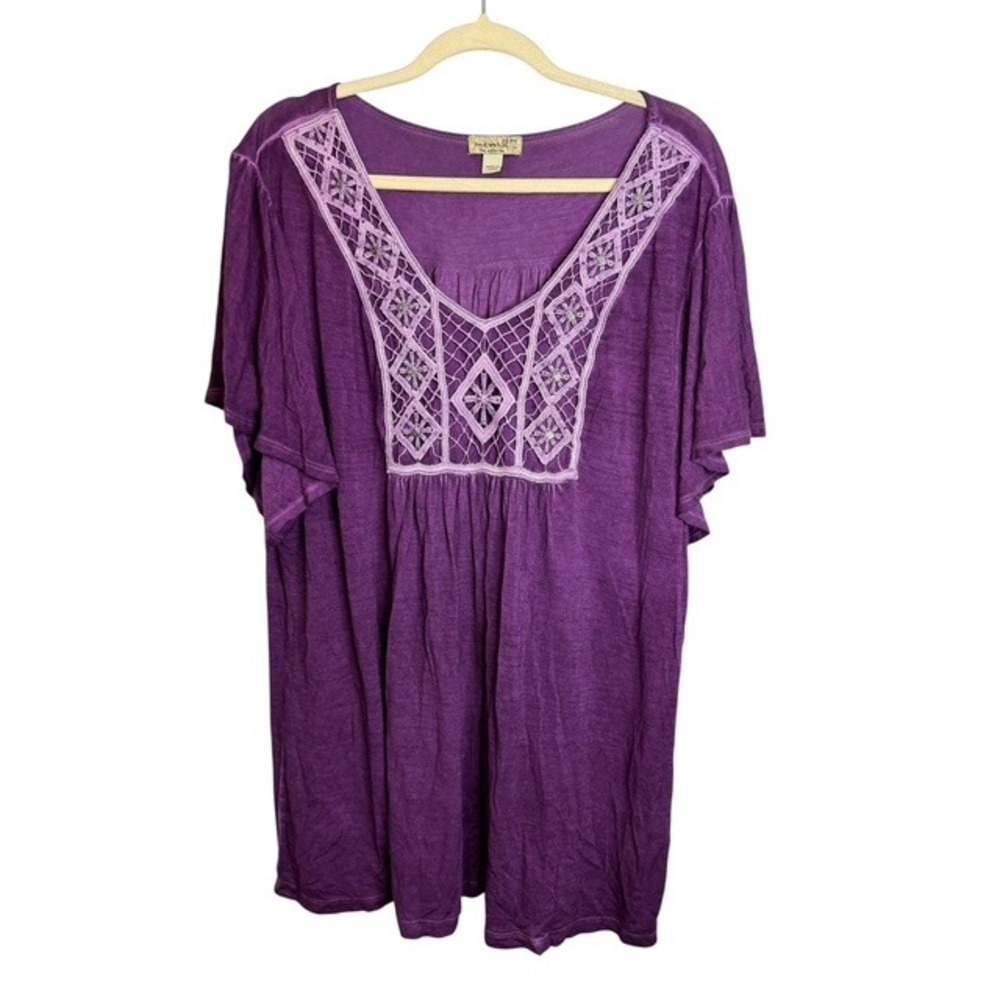 One World Women's Purple Embroidered Crochet V-Neck Short Sleeve Top‎ Size 2X